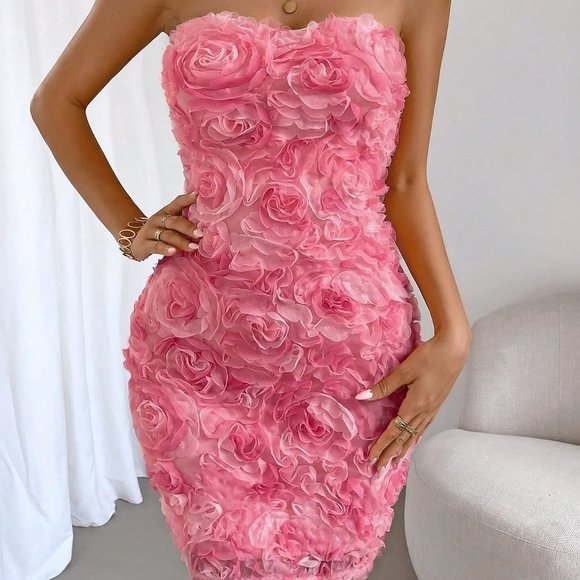 Pink Preppy Womens Floral Appliques Tube Bodycon Dress - Picture 6 of 8